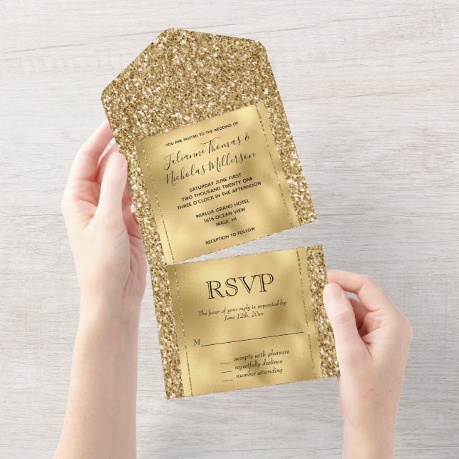 Invitation Tout En Un Gold Glam Glitzy Parties scintillant (Déchirure)