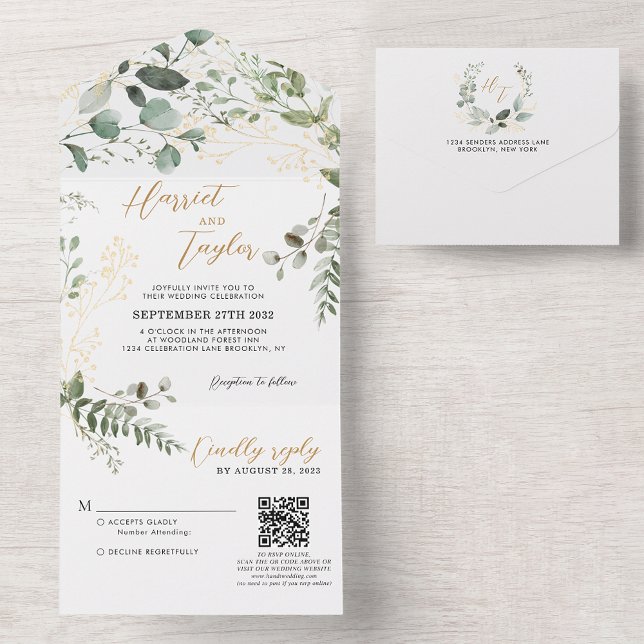 Invitation Tout En Un Gold Green Eucalyptus Monogramme QR Code Mariage (Créateur téléchargé)