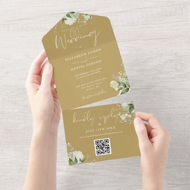 Invitation Tout En Un Gold Green Floral QR Code Monogramme Mariage (Déchirure)