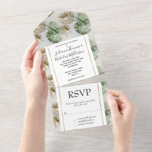 Invitation Tout En Un Gold Green White Feuilles tropicaux