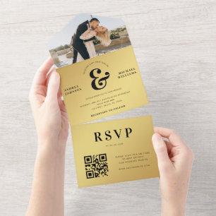Invitation Tout En Un Gold Modern Photo & Ampersand Mariage QR Code