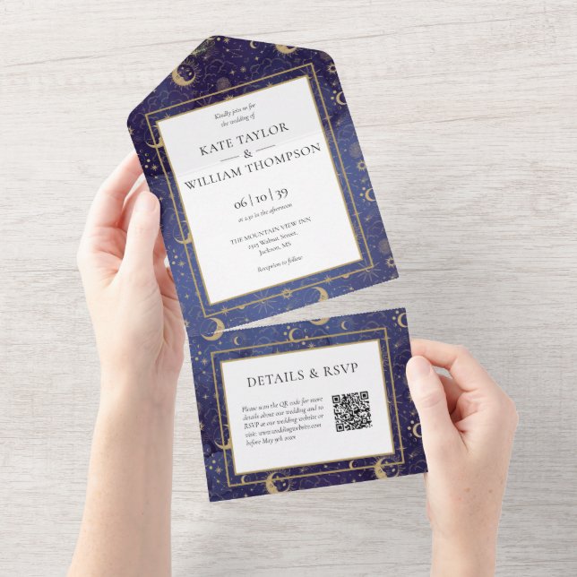 Invitation Tout En Un Gold Stars Moon Stars Celestin QR Code Mariage (Déchirure)