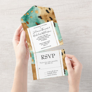 Invitation Tout En Un Gold Turquoise Mariage d'animal noir