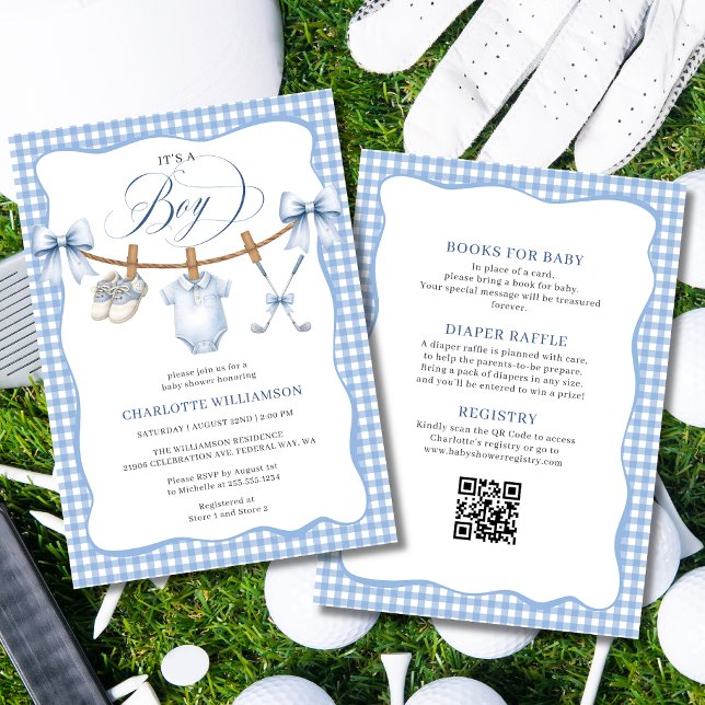 Invitation Tout En Un Golf Linge Bleu Bébé Shower (All In One Golf Blue Clothesline Baby Shower Invitation)