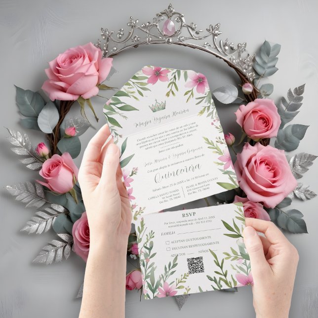 Invitation Tout En Un Gorgeous Romantic Pink & Green Princess Tiara (Gorgeous Romantic Pink & Green Princess Tiara on Floral Frame Watercolor Effect Spanish Quinceañera )