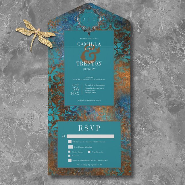 Invitation Tout En Un Gothic Antique Teal Gold Damask Dinner Wedding (Gothic Antique Teal Gold Damask Dinner Wedding All In One Invitation)