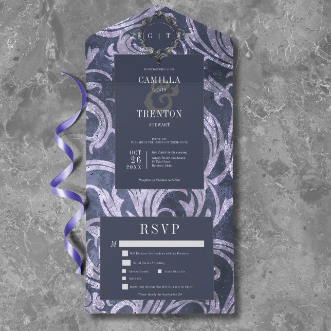 Invitation Tout En Un Gothique Antique Purple Damask Dîner Mariage (Gothic Antique Purple Damask Dinner Wedding All In One Invitation)