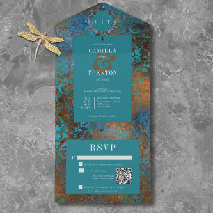 Invitation Tout En Un Gothique Antique Turquoise Gold Mariage damassé QR