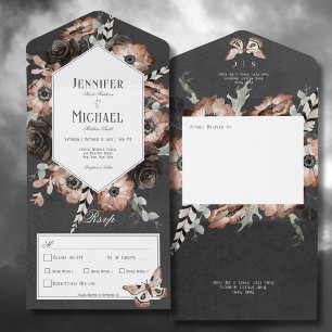 Invitation Tout En Un Gothique Boho Moth Black & Brown Floral Dîner