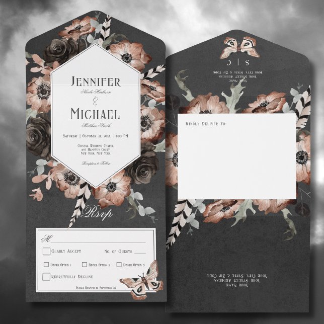 Invitation Tout En Un Gothique Boho Moth Black & Brown Floral Dîner (Gothic Boho Moth Black & Brown Floral All In One Wedding Invitation with Dinner Options)