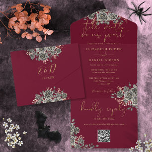 Invitation Tout En Un Gothique Bourgogne Et Rose Or QR Code Mariage