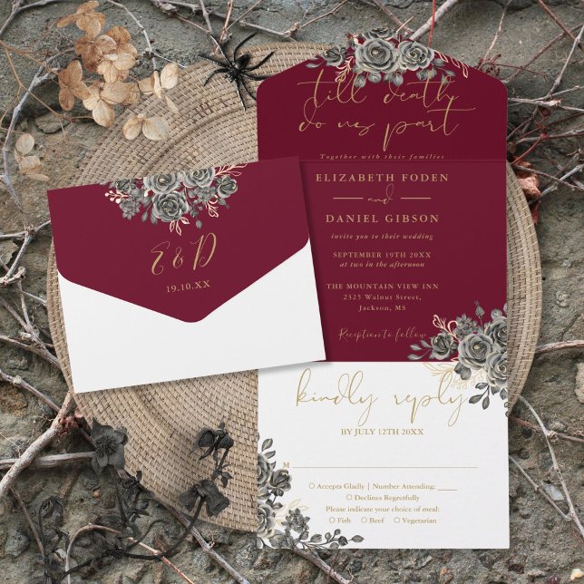 Invitation Tout En Un Gothique Bourgogne Rouge Et Noir Rose Mariage Flor (Gothic Burgundy Red And Black Roses Floral Wedding All In One Invitation)