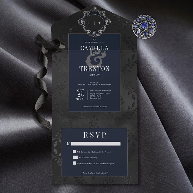 Invitation Tout En Un Gothique foncé Noir & Bleu Floral Satin Pas de dîn (Also available with a QR code or with dinner selection options.)