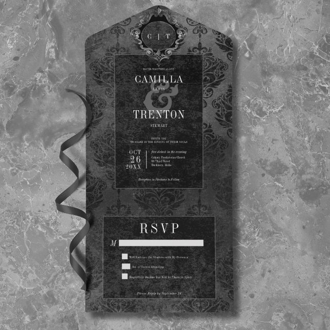 Invitation Tout En Un Gothique foncé Noir & Noir Damas Pas de Dîner (Dark Gothic Black & Black Damask No Dinner All In One Invitation)