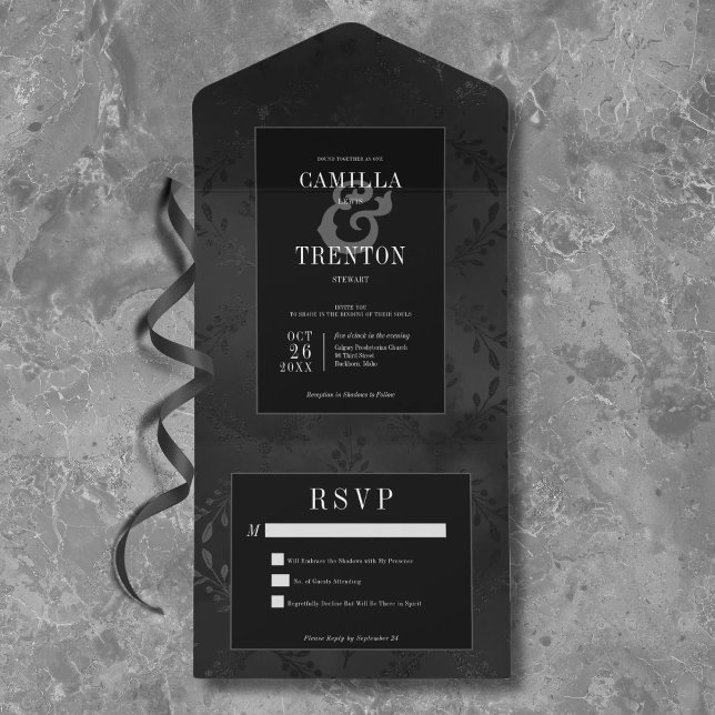 Invitation Tout En Un Gothique foncé Noir & Noir Satin Floral Non Dîner (Créateur téléchargé)