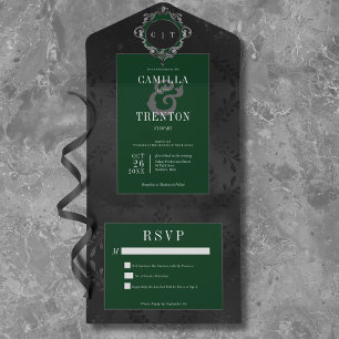 Invitation Tout En Un Gothique foncé Noir & Vert Floral Satin Pas de Dîn