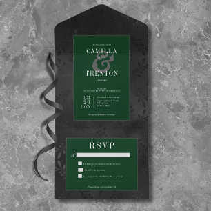 Invitation Tout En Un Gothique foncé Noir & Vert Floral Satin Pas de Dîn