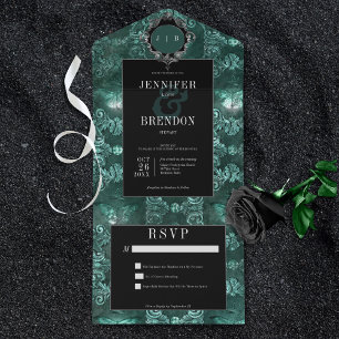 Invitation Tout En Un Gothique foncé Turquoise et noir Vintage Moth Pas
