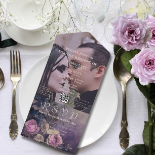 Invitation Tout En Un Gothique foncé violet lavande florale QR Code phot