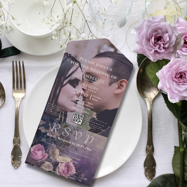 Invitation Tout En Un Gothique foncé violet lavande florale QR Code phot (Créateur téléchargé)