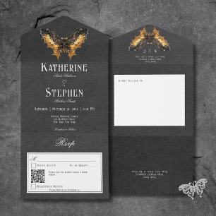 Invitation Tout En Un Gothique Gold & Black Moth Moody QR Code