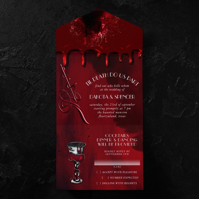 Invitation Tout En Un Gothique Luxe | Mariage de mystère noir et rouge (Créateur téléchargé)