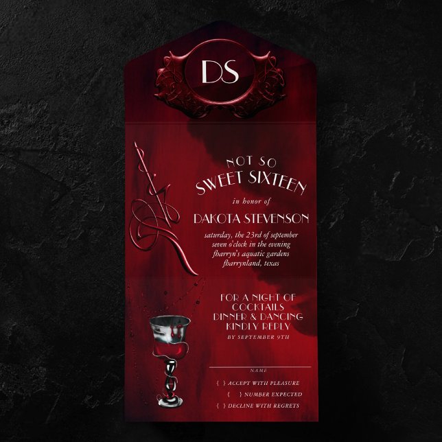 Invitation Tout En Un Gothique Luxe | Sweet sixteen rouge noir et sang (Créateur téléchargé)