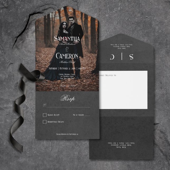Invitation Tout En Un Gothique Moody Black Elegant Photo No Dinner (Gothic Moody Black Elegant Photo All In One Wedding Invitation without Dinner Options)