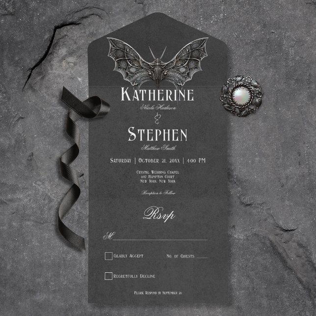 Invitation Tout En Un Gothique Moth Moody Dîner noir et blanc (Gothic Moth Moody Black & White All In One Wedding Invitation without Dinner Options)