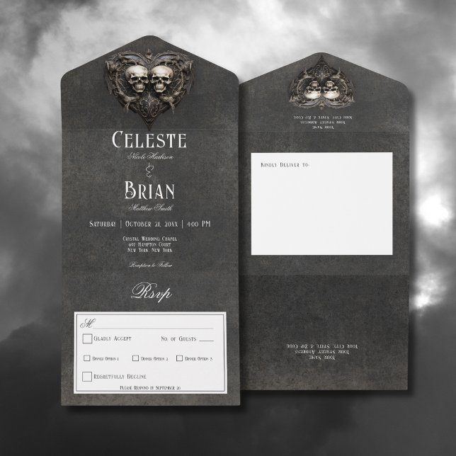 Invitation Tout En Un Gothique Noir & Blanc Skuls & Coeur Dîner (Gothic Black & White Skulls & Heart All In One Wedding Invitation with Dinner Options)