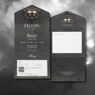 Invitation Tout En Un Gothique Noir & Blanc Skuls & Coeur QR Code