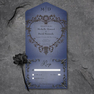 Invitation Tout En Un Gothique Noir & Bleu Filigree Coeur Pas de Dîner