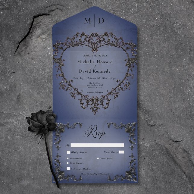 Invitation Tout En Un Gothique Noir & Bleu Filigree Dîner Coeur (Gothic Black & Blue Filigree Heart Dinner All In One Invitation)