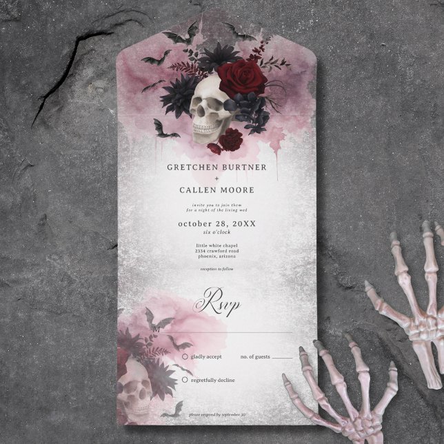 Invitation Tout En Un Gothique Noir et Bourgogne Crâne et chauves-souris (Gothic Black & Burgundy Skull & Bats No Dinner All In One Wedding Invitation)