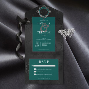 Invitation Tout En Un Gothique Noir foncé et Turquoise Satin floral Sans