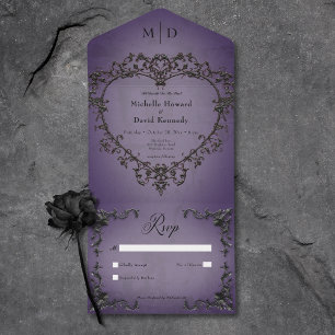 Invitation Tout En Un Gothique Noir & Purple Filigree Coeur Pas de Dîner