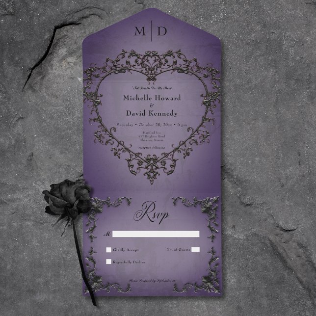 Invitation Tout En Un Gothique Noir & Purple Filigree Coeur Pas de Dîner (Gothic Black & Purple Filigree Heart No Dinner All In One Invitation)