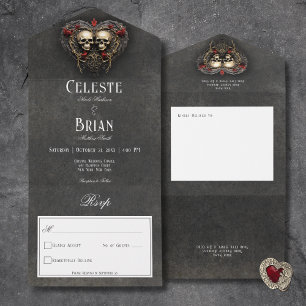 Invitation Tout En Un Gothique Noir & Rouge Crânes & Coeur Noir Non Dîne