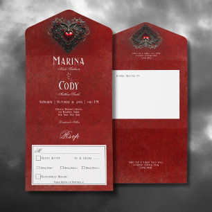 Invitation Tout En Un Gothique Noir & Rouge Filigree Coeur Dîner Rouge