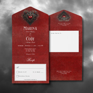 Invitation Tout En Un Gothique Noir & Rouge Filigree Coeur Rouge Non Dîn