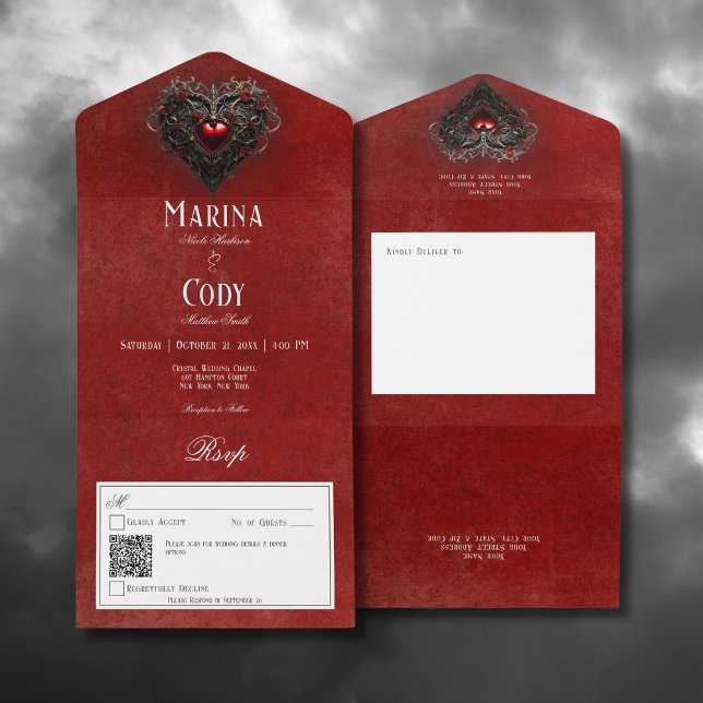Invitation Tout En Un Gothique Noir & Rouge Filigree Coeur Rouge QR Code (Gothic Black & Red Filigree Heart Red All In One Wedding Invitation with QR Code)