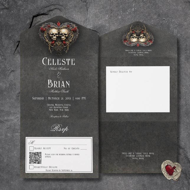 Invitation Tout En Un Gothique Noir & Rouge Skuls & Coeur Noir QR Code (Gothic Black & Red Skulls & Heart Black All In One Wedding Invitation with QR Code)