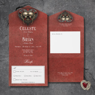 Invitation Tout En Un Gothique Noir & Rouge Skuls & Coeur Rouge Dîner