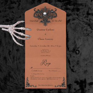 Invitation Tout En Un Gothique Noir & Rouille Halloween Filigree No Dinn