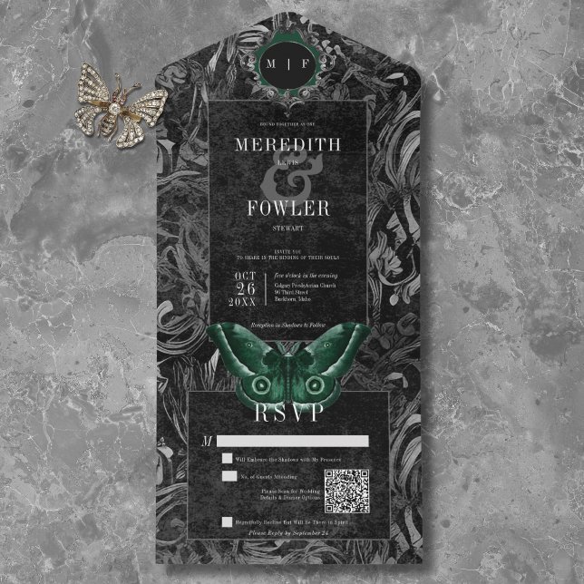 Invitation Tout En Un Gothique noir vert fibre Moth QR Code Mariage (Gothic Black Green Filigree Moth QR Code Wedding All In One Invitation)