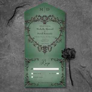 Invitation Tout En Un Gothique Noir & Vert Filigree Coeur Pas de Dîner