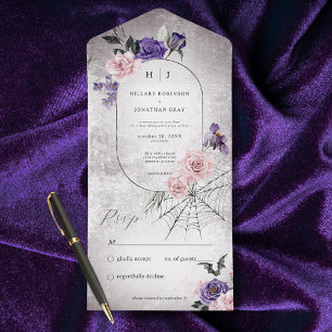 Invitation Tout En Un Gothique Rose & Violet Floral Halloween Pas de dîn