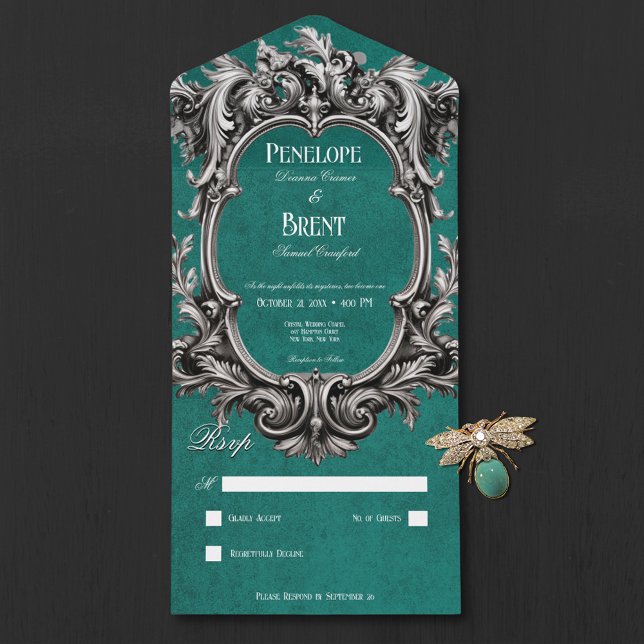 Invitation Tout En Un Gothique Turquoise Moody Victorian Frame No Dinner (Gothic Teal Moody Victorian Frame No Dinner All In One Invitation)