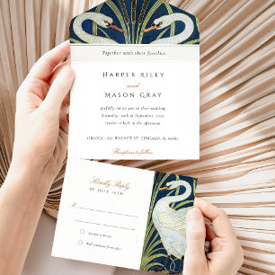 Invitation Tout En Un Graceful Art Déco Swan All-in-One Tear-Away RSVP