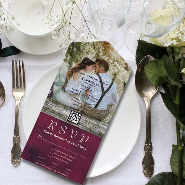 Invitation Tout En Un Grand Photo Burgundy Texture Arrière - plan QR Cod (Créateur téléchargé)